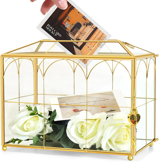 Glass Wedding Card Box with Slot, 10.2 x 5.9 x 7.9 Inches Handmade Vintage Gold Wedding Card Boxes for Reception, Keepsake, Baby Shower, Graduation, Party Decorative Box