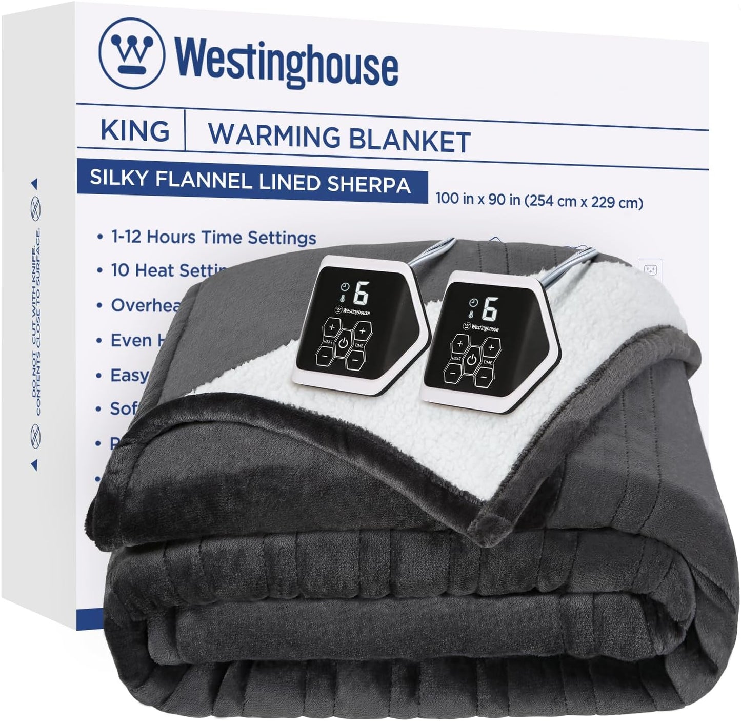 Westinghouse Heated Blanket King Size, Soft Flannel to Sherpa Electric Blanket with 10 Heating Levels, 1-12 Hours Auto Shut Off, Fast Heating, Machine Washable, 100x90 Inch, Charcoal