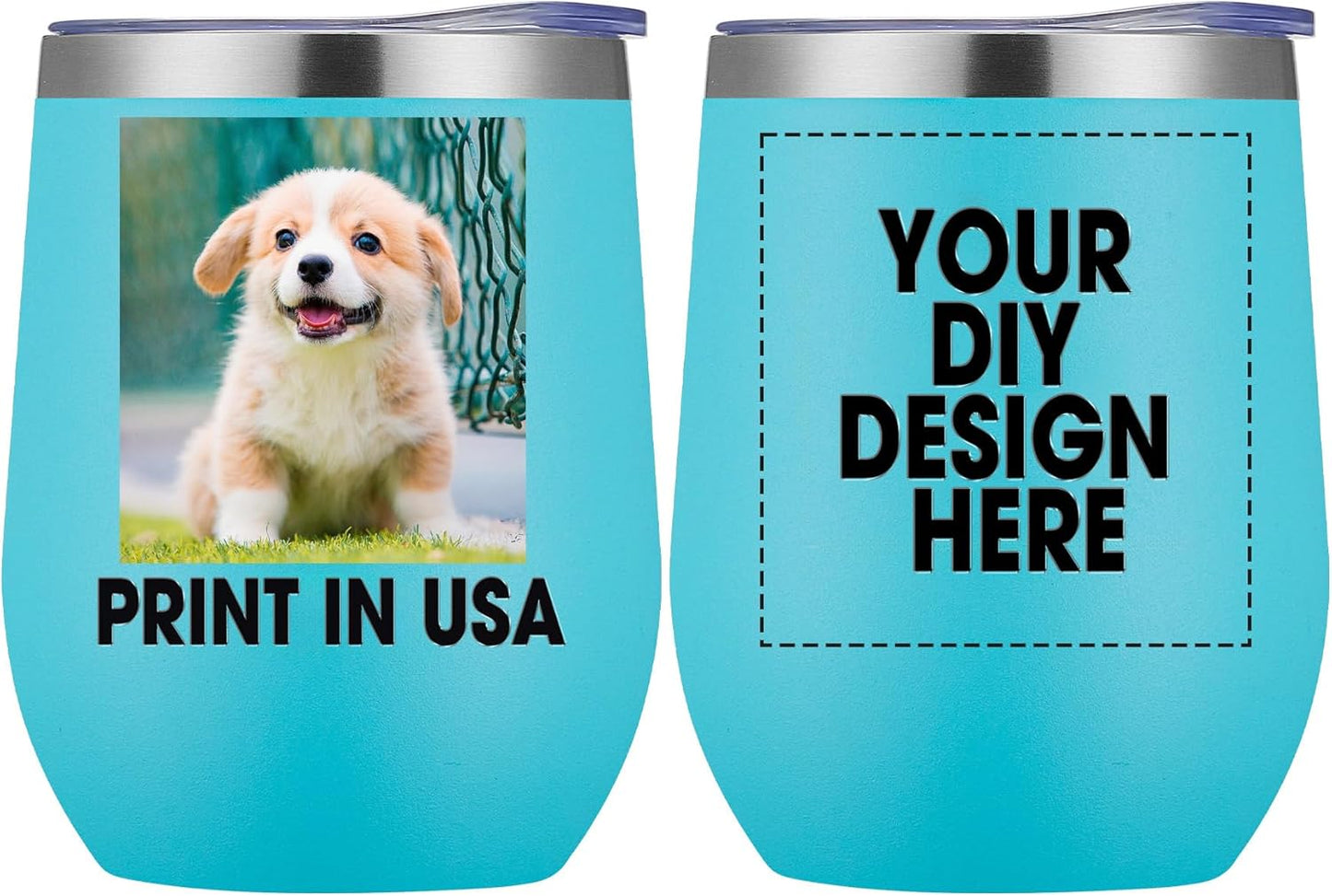 Personalized Custom Wine Tumbler Print in USA 12oz Stainless Steel Travel Coffee Cup with Lid & Straw Double Wall Insulated Mug with Colorful Text Logo Photo