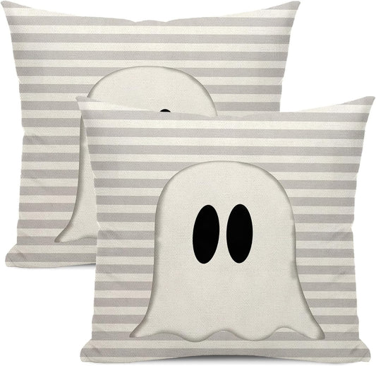 Halloween Pillow Covers 18x18 Set of 2 - Gray Stripes Cute Ghost Throw Cushion Cases for Couch, Sofa, Outdoor Home Decoration