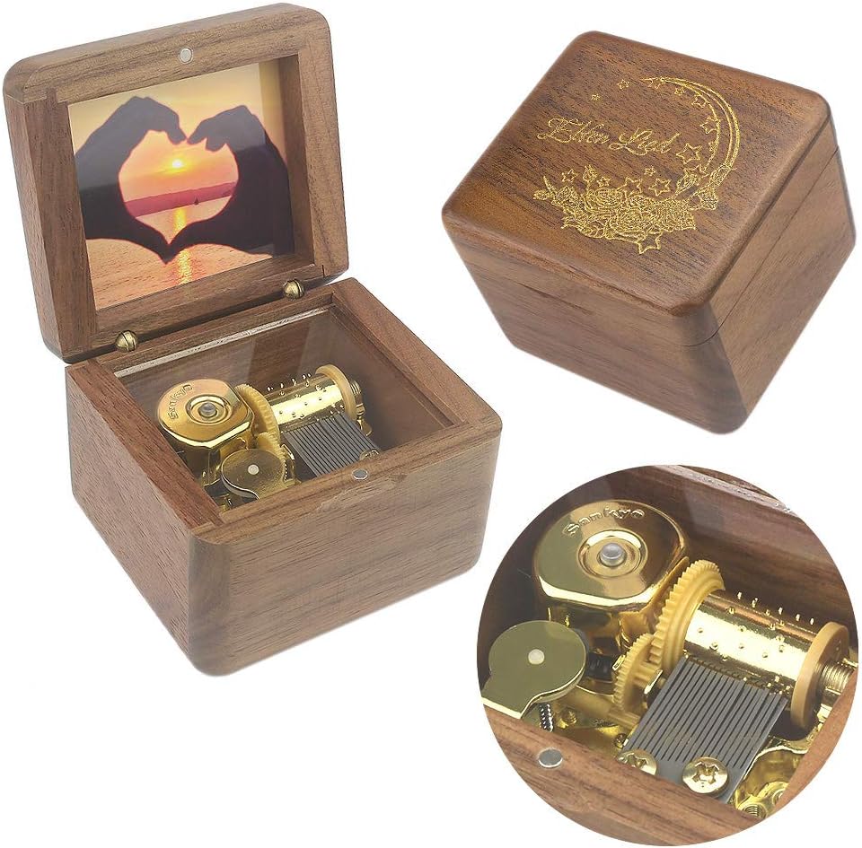 Sinzyo Natural Wooden Music Box with Customizable Photos Wind Up Musical Box Gifts for Christmas,Birthday and Valentine's Day(Character Walnut, Tone:Elfen Lied)