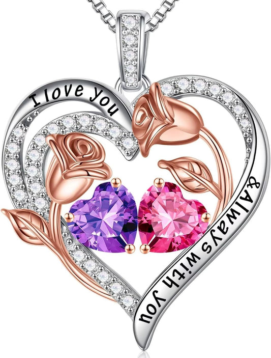 Iefil Birthstone Necklace for Women - 925 Sterling Silver Rose Heart Birthstone Necklace Birthday Anniversary Jewelry Gifts for Her Wife Mom Daughter