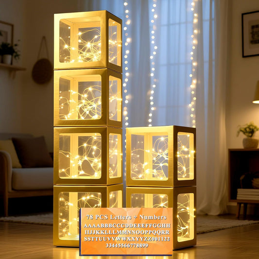 Ledido Transparent Balloon Boxes, Clear Balloon Boxes with 6 Pcs String Lights and 78 Letters for Baby Shower Gender Reveal Birthday Party Anniversary Bridal Wedding Grad Decor - 6 Gold Boxes