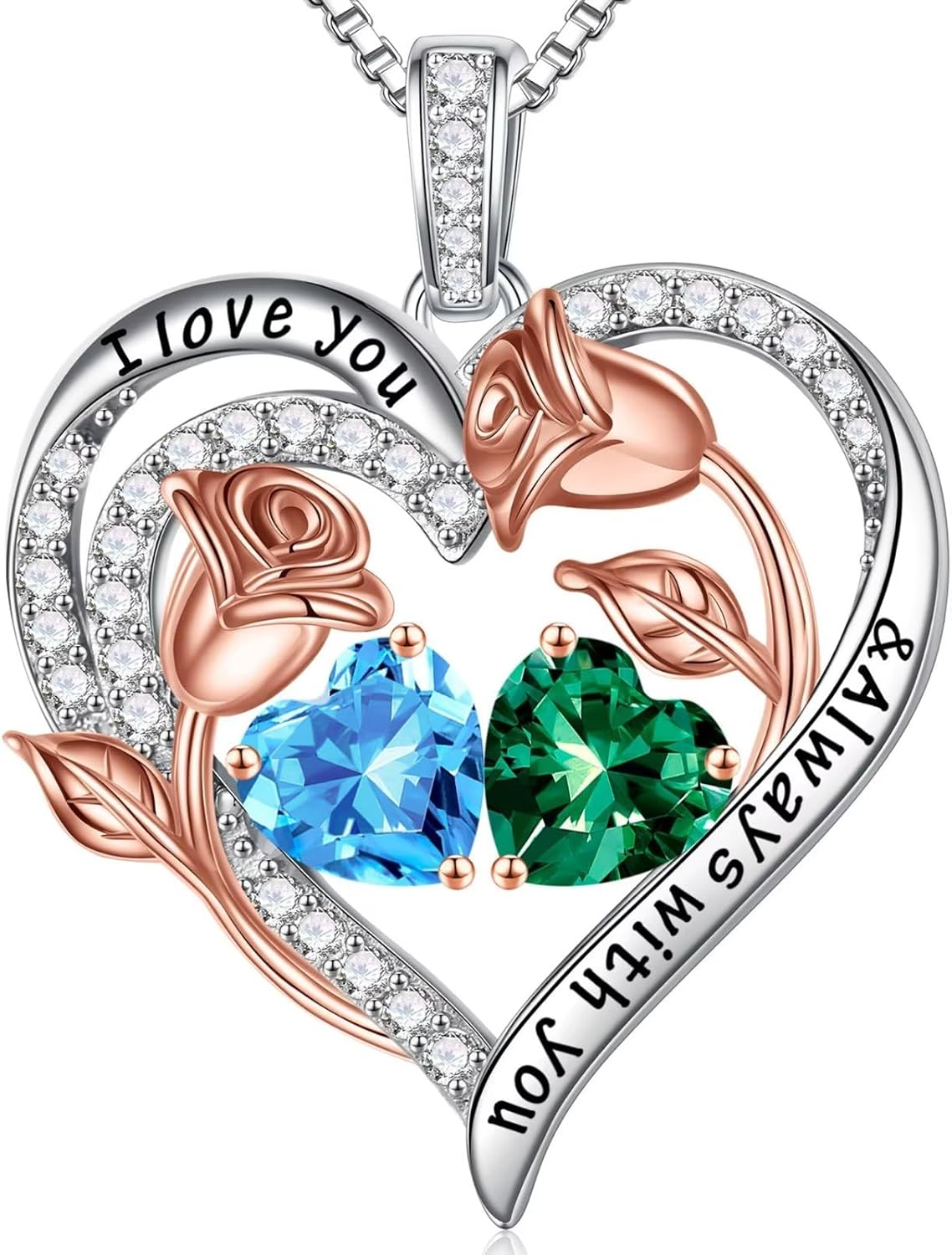 Iefil Birthstone Necklace for Women - 925 Sterling Silver Rose Heart Birthstone Necklace Birthday Anniversary Jewelry Gifts for Her Wife Mom Daughter