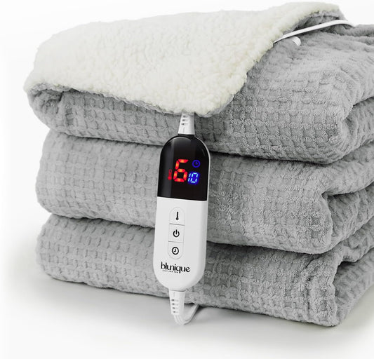 Heated Blanket Electric Blanket Full Waffle,72x84 Inches Sherpa Fleece Fast Heating Blanket 6 Heating Levels & 10 Hours Auto Off ETL Certification,Light Grey Full