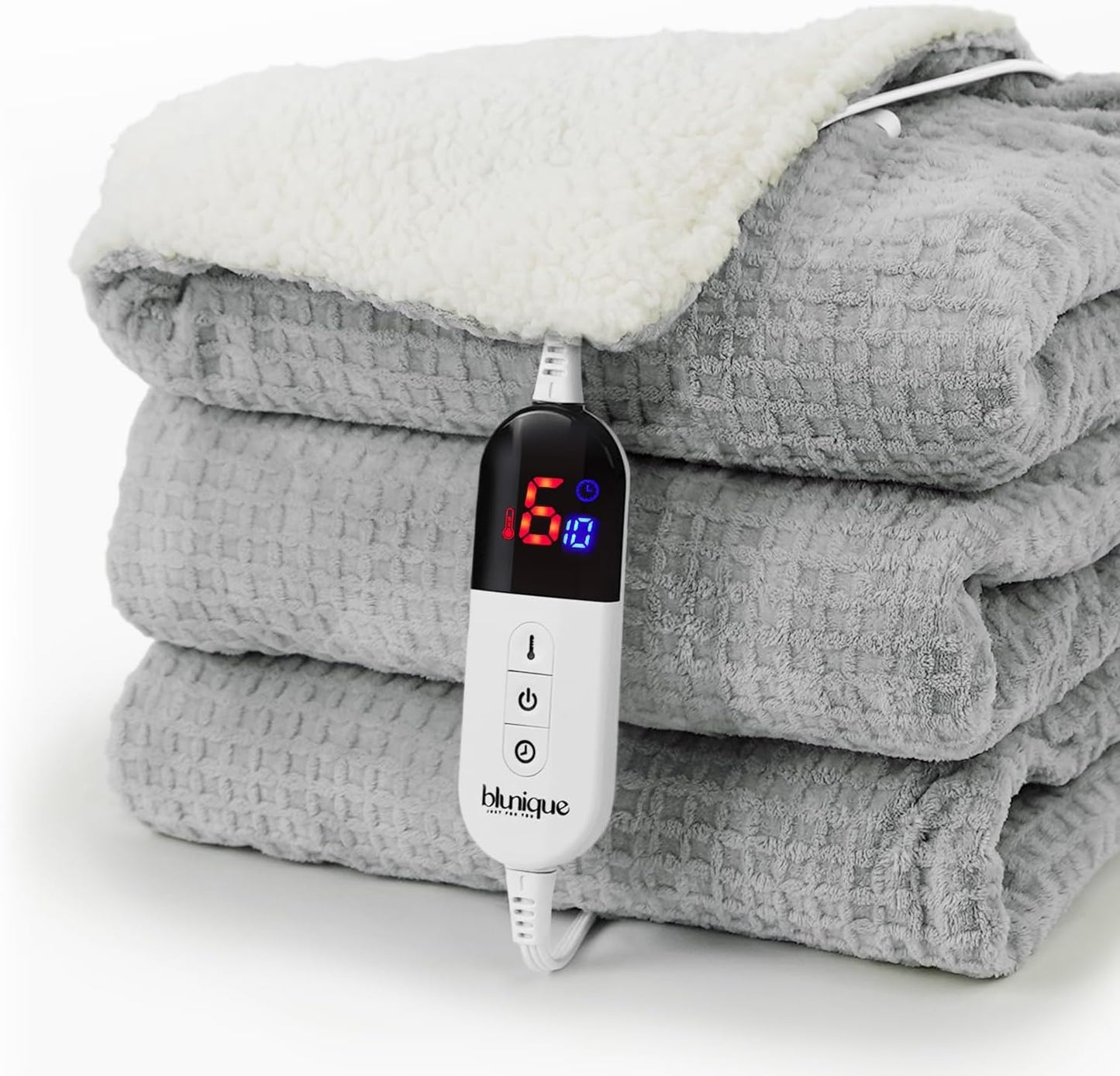 Heated Blanket Electric Blanket Twin Waffle, 62x84 Inches Sherpa Fleece Fast Heating Blanket 6 Heating Levels & 10 Hours Auto Off ETL Certification,Light Grey Twin