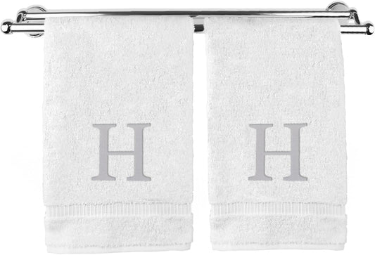 Monogrammed Hand Towel, Personalized Gift, Set of 2- Silver Block Letter Embroidered Towel - Extra Absorbent 100% Turkish Cotton - Soft Terry Finish - Initial H White
