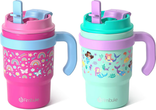 Fimibuke 16oz Kids Insulated Tumbler with Handle & Straws - 2 Pack BPA FREE 18/8 Stainless Steel Toddler Cups with Sip/Swig 2-in-1 Lids, Leak Proof Kid Drinking Cup Travel Mugs for Children Boys Girls