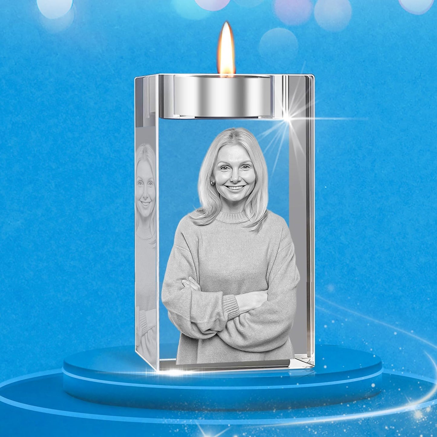 Personalized 3D Crystal Photo, Custom Laser Engraved Candle Holder Frame, Customized Memorial Anniversary Christmas Birthdays Gifts for Dad, Mom, Him, Her, Grandfather (Medium)