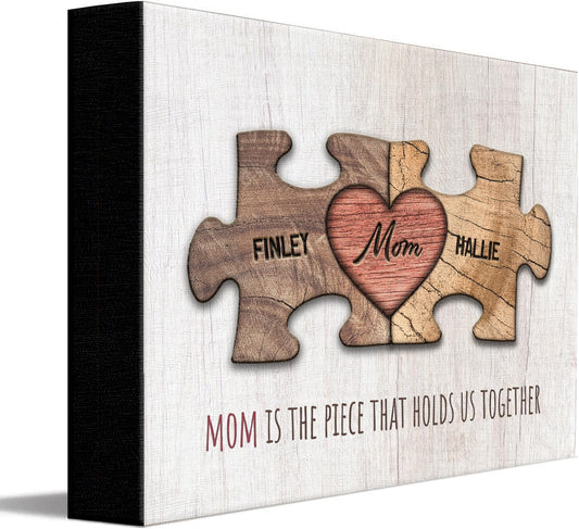 Personal-Prints MOM & Children Personalized HEART Puzzle Wall Art | Unique Customized with up to 8 Names | Mother’s Day, Birthday or Christmas Gift (8"x10" Easel Backed Canvas, 2 Children)