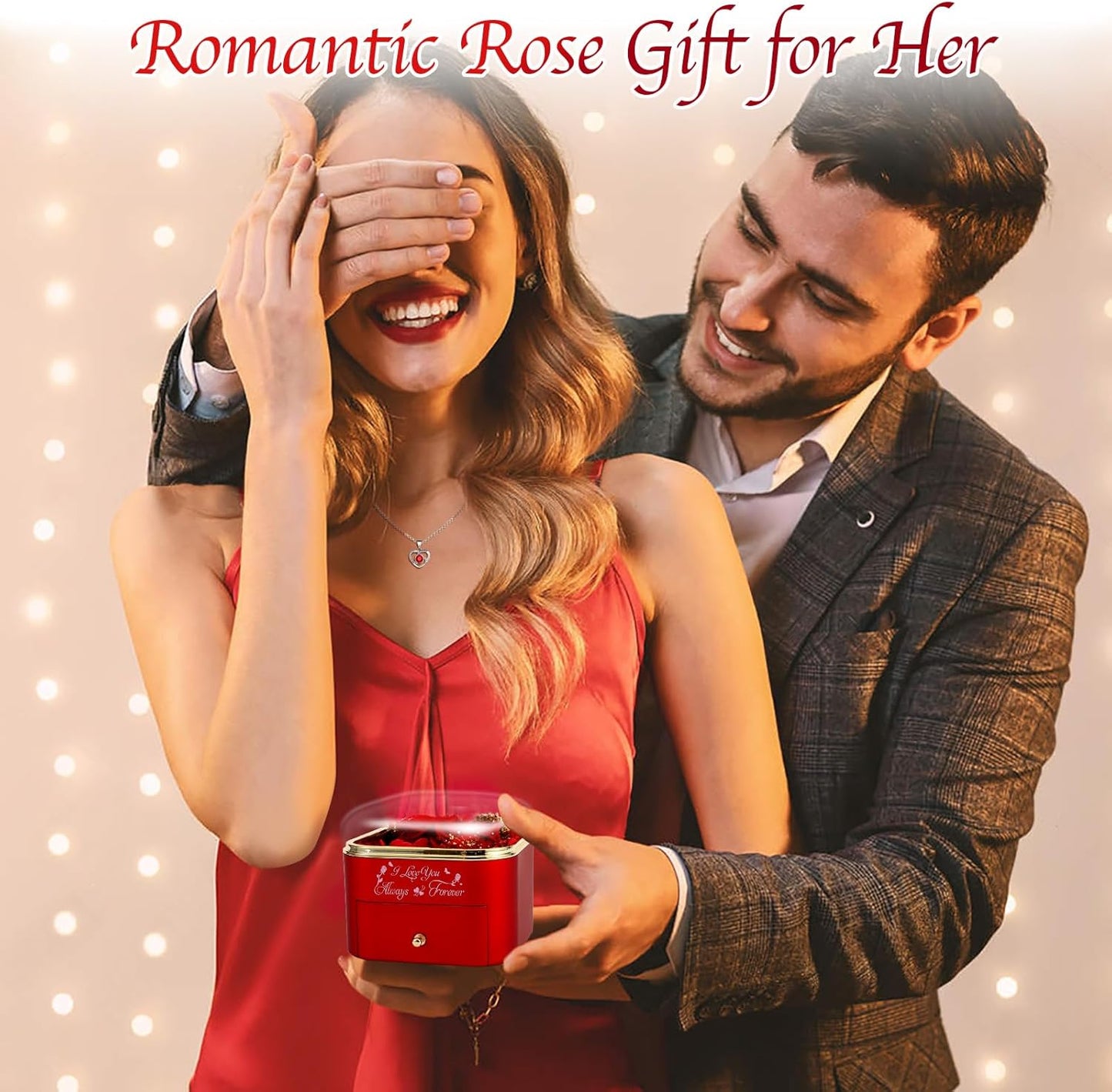 Preserved Roses Jewelry Box with Heart Necklace - Eternal Rose & ‘I Love You Always & Forever’ Engraving - Luxury Gift for Mom, Wife, or Grandma on Mother’s Day