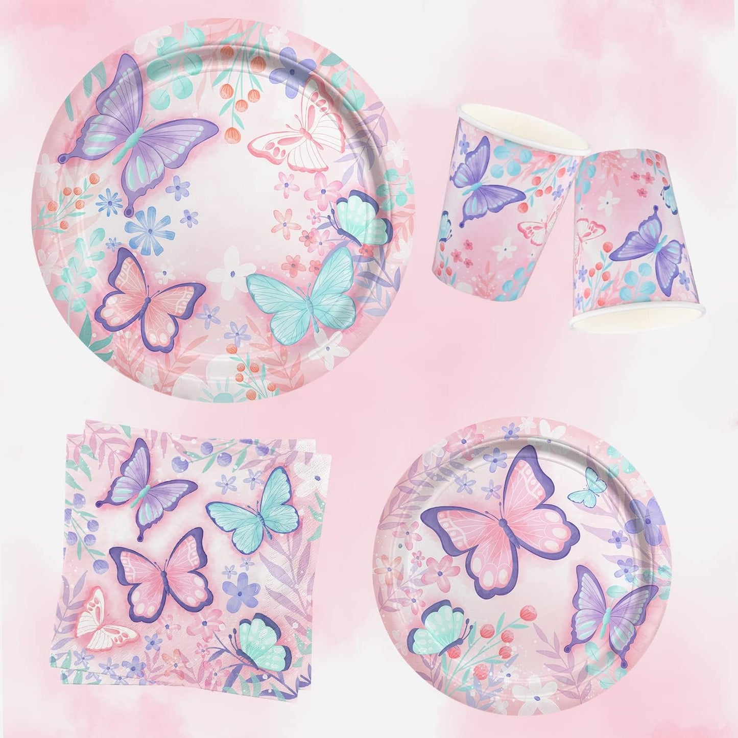 Butterfly Birthday Party Supplies Disposable Paper Plates Napkins Cups Tablecloth and Banner for Butterfly Girl Party Birthday Decorations, Serve 25