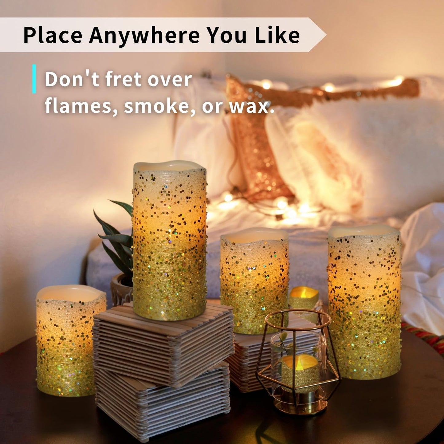 FURORA LIGHTING Gold Glitter LED Candles with Remote and Timer, 4 Pillars and 4 Votives Pack of 8, Real Wax Flameless Flickering Candles for Home Décor, Battery Included