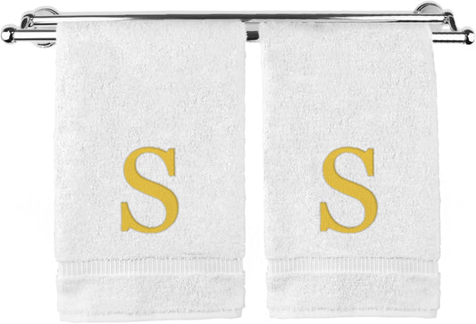 Monogrammed Hand Towel, Personalized Gift, Set of 2- Gold Block Letter Embroidered Towel - Extra Absorbent 100% Turkish Cotton - Soft Terry Finish - Initial S White