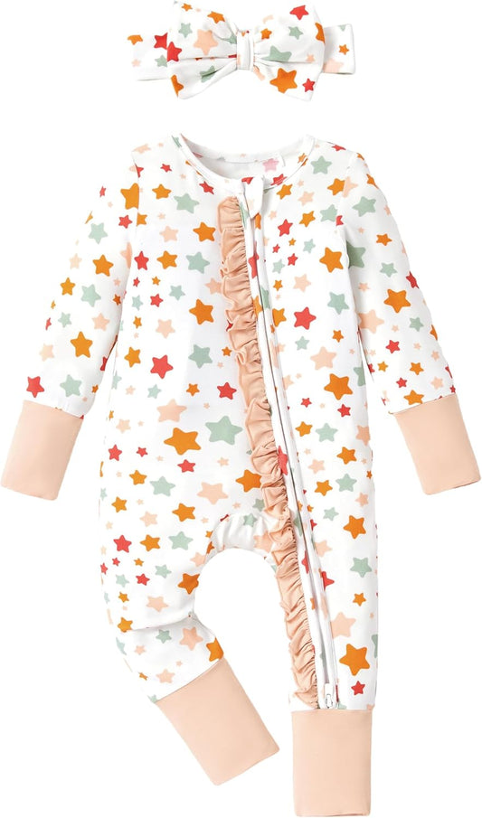 PATPAT Baby Footie Girls - Supersoft Bamboo Viscose - Unisex Infant Clothes - 2 Way Zipper & Mitten & Ruffle Trim & Headband