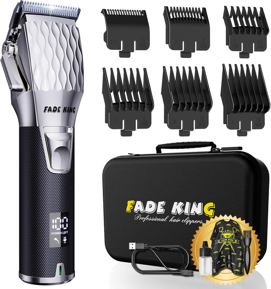 FADEKING® Professional Hair Clippers for Men - Cordless Hair Clippers, LCD Display Barber Clippers for Hair Cutting & Mens Grooming with Travel Case(Silver+Black)