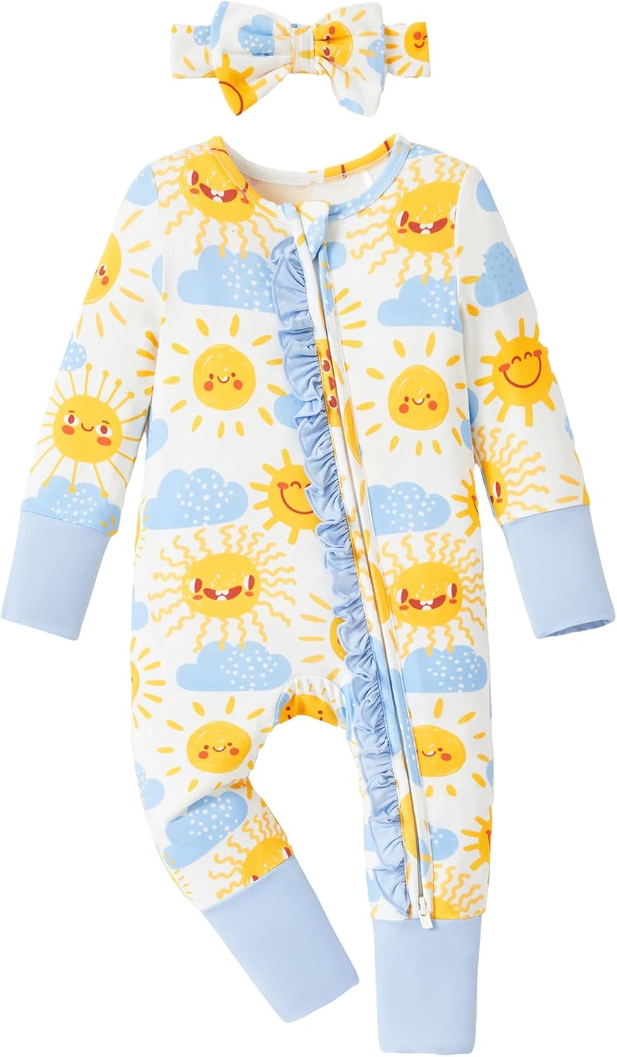 PATPAT Baby Footie Girls - Supersoft Bamboo Viscose - Unisex Infant Clothes - 2 Way Zipper & Mitten & Ruffle Trim & Headband