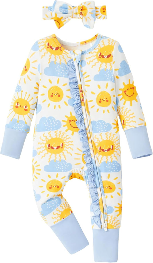 PATPAT Baby Footie Girls - Supersoft Bamboo Viscose - Unisex Infant Clothes - 2 Way Zipper & Mitten & Ruffle Trim & Headband