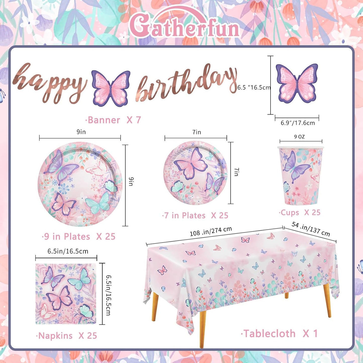 Butterfly Birthday Party Supplies Disposable Paper Plates Napkins Cups Tablecloth and Banner for Butterfly Girl Party Birthday Decorations, Serve 25