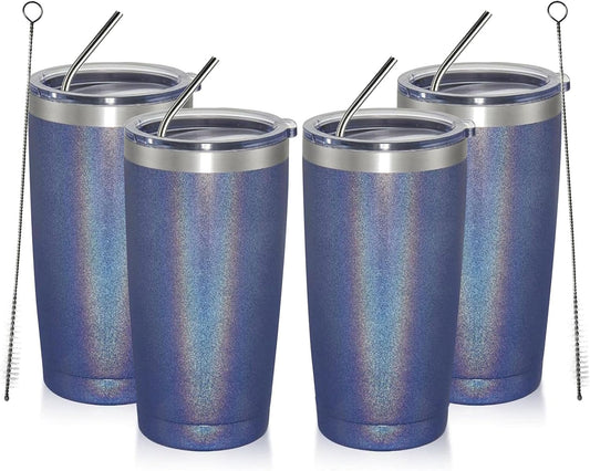 MEWAY 20oz Tumbler 4 Pack Double Wall Vacuum Insulated Travel Glitter Mug Bulk, Stainless Steel Tumblers with Lid and Straw, Powder Coated Coffee Cups for Woman(Rainbow Navy,Set of 4)