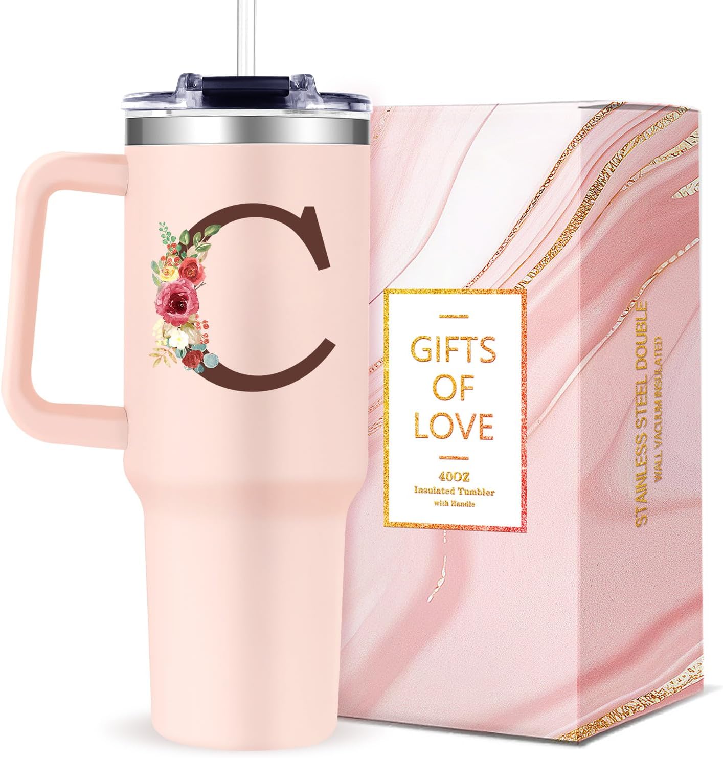 Monogrammed 40oz Tumbler with Handle for Women, Personalized Birthday Gifts for Women,Initial Cups for Woman Floral Letter C,Customized Gifts for Female Lady Gift for Mothers Day Christmas