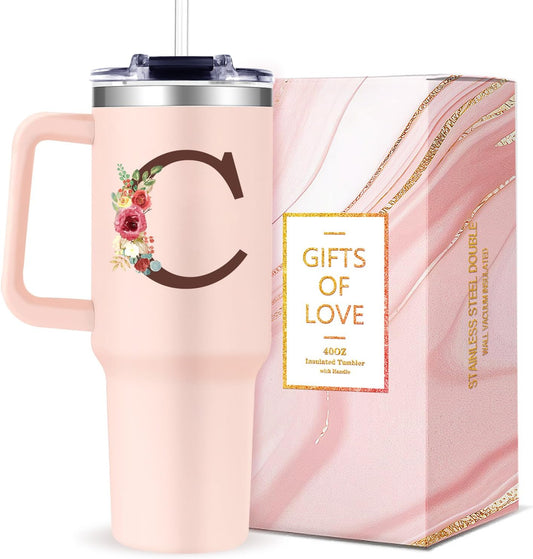 Monogrammed 40oz Tumbler with Handle for Women, Personalized Birthday Gifts for Women,Initial Cups for Woman Floral Letter C,Customized Gifts for Female Lady Gift for Mothers Day Christmas