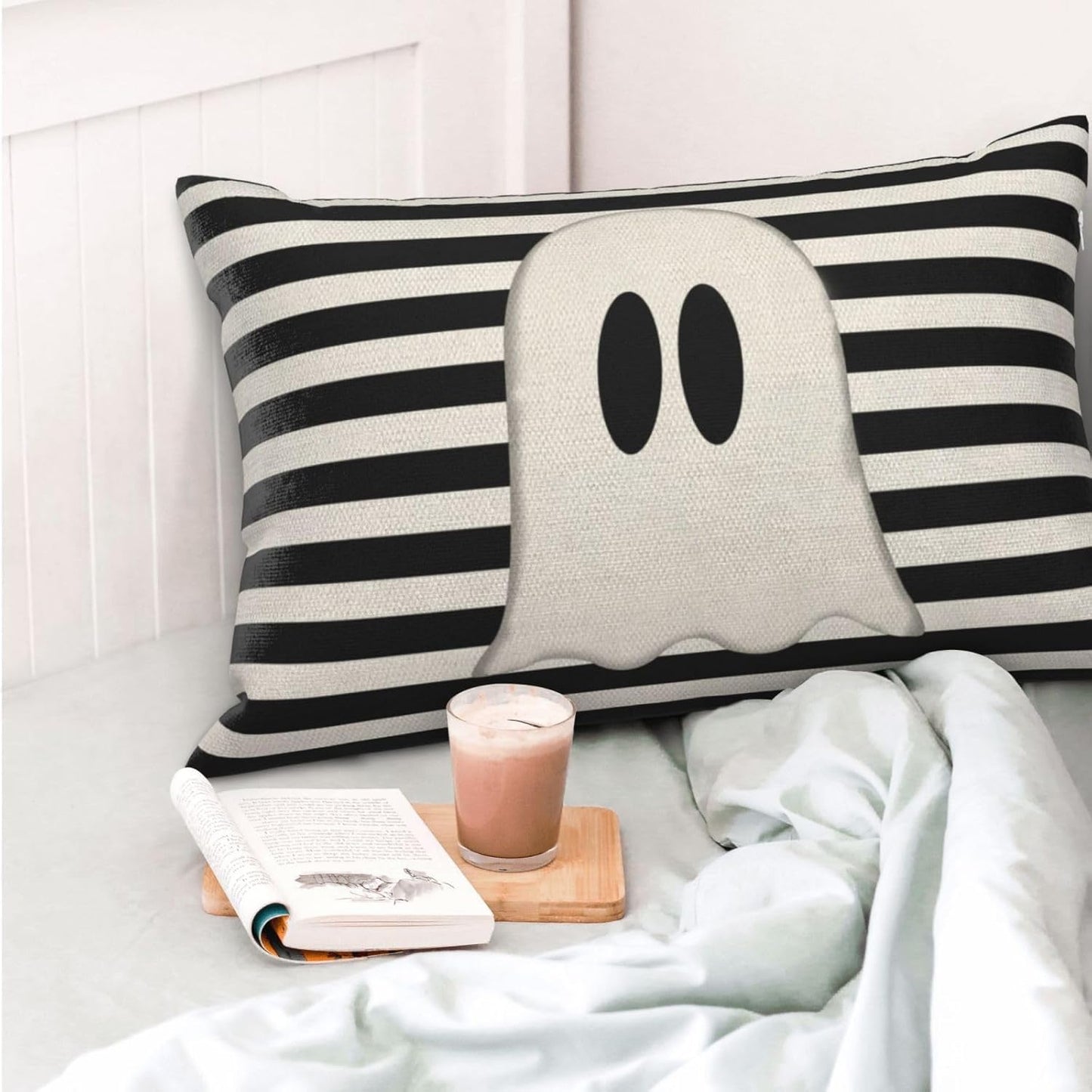 Halloween Decor Pillow Covers 12x20 Set of 2 Black Stripe Cute Ghost Throw Pillow Covers Halloween Decorative Pillow Covers for Halloween Decoration Linen Cushion Case for Couch Sofa Outdoor