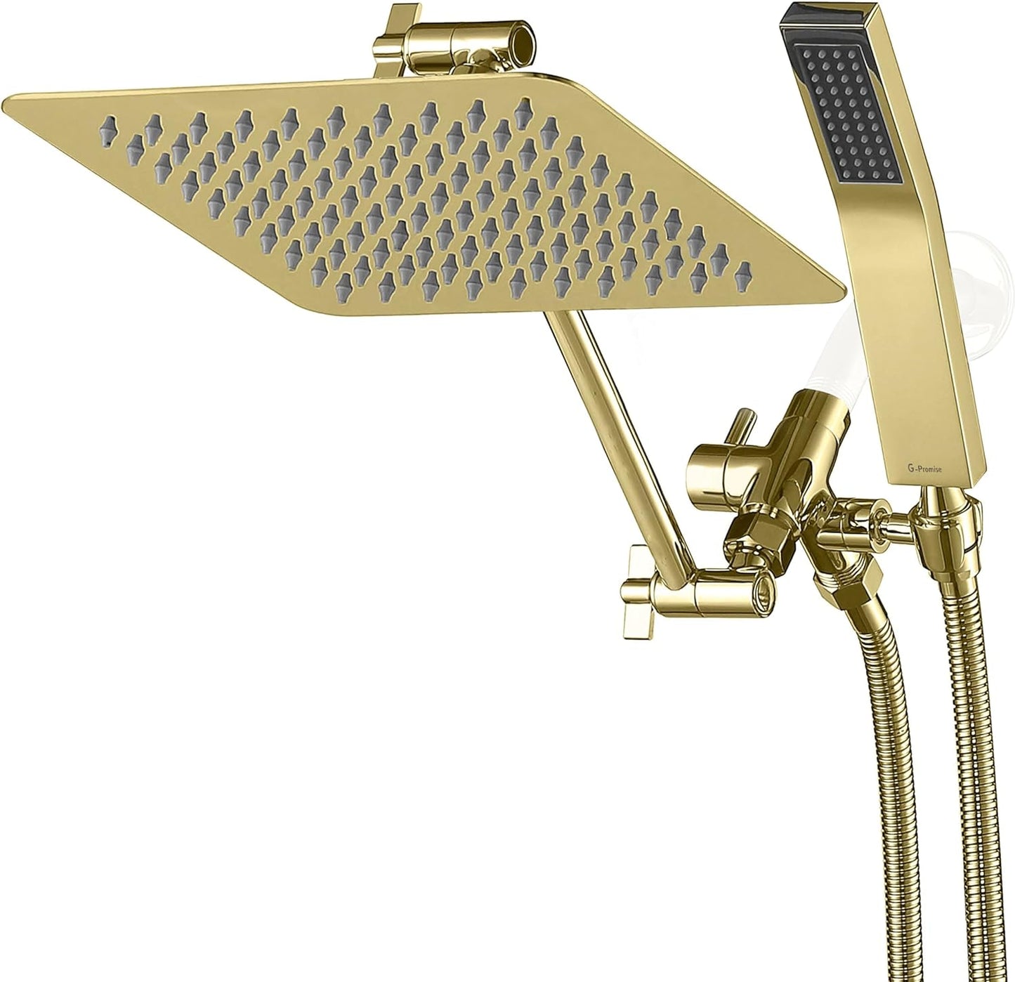 G-Promise All Metal 10" Dual Square Shower Head Combo | Rain Shower Head | Handheld Shower Wand | Adjustable | 3-Way Diverter | 71" Extra Long Hose - A Bathroom Upgrade (Polished Brass)