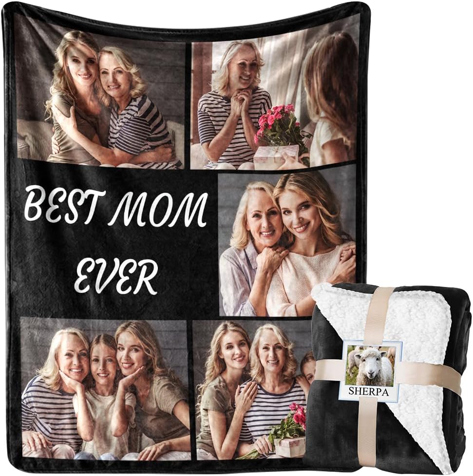 Mothers Day Blanket Gifts for Mom, Custom Sherpa Blanket with Picture Personalized Photo Throw Blanket Customized New Moms Gift from Daughter Son Husband, Birthday Gifts for Wife Grandma