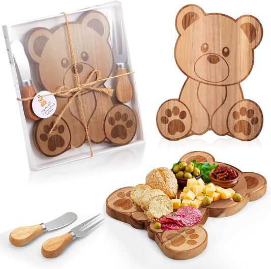 1 Set Baby Shower Prizes Bear Shaped Cheese Board with Cheese Knives and Forks Baby Shower Party Favors Gift Box for Wedding Bridal Birthday Gender Reveal Favor (Acacia Color)