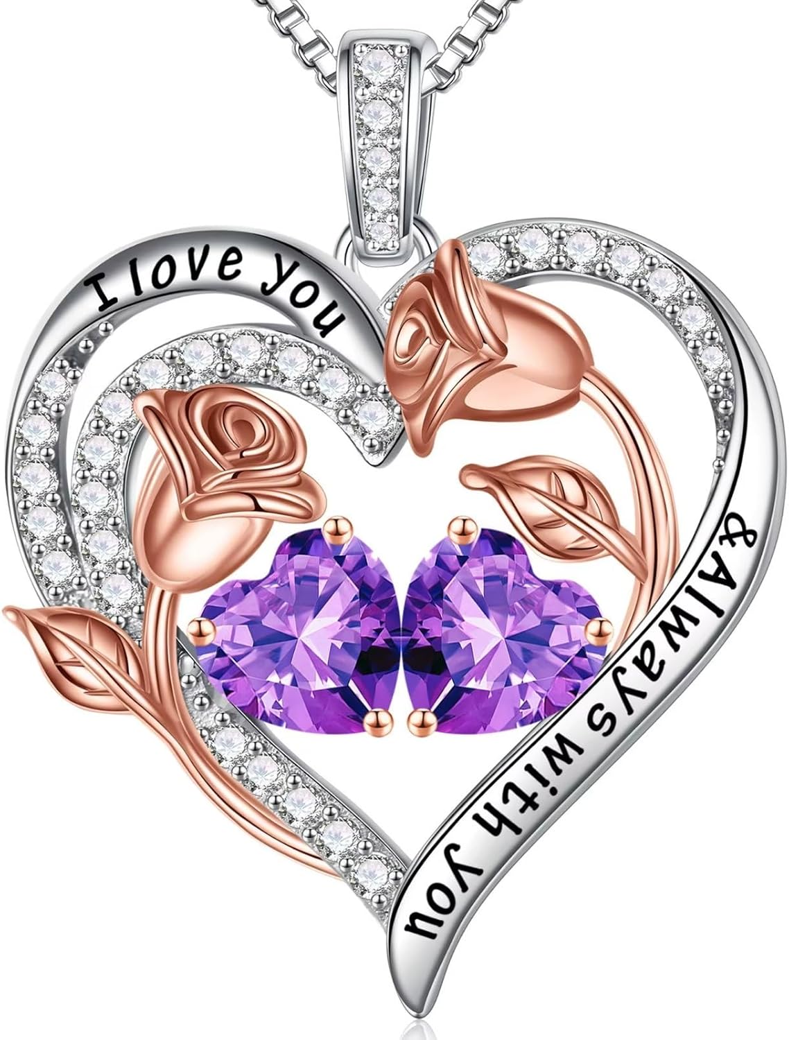 Iefil Birthstone Necklace for Women - 925 Sterling Silver Rose Heart Birthstone Necklace Birthday Anniversary Jewelry Gifts for Her Wife Mom Daughter