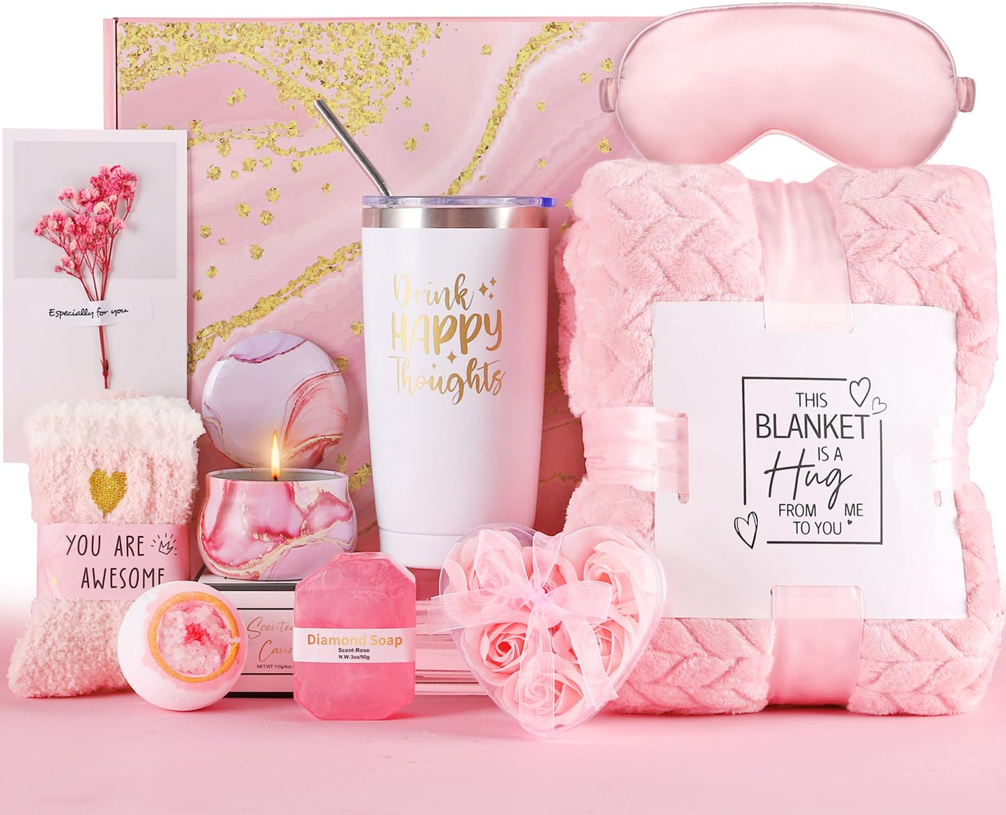 Gift Baskets for Women, Best Birthday Gifts Box, Self Care Gift, Care Package, Get Well Soon Gifts Kit, Unique Ideas Present for Mom Girlfriend Her Sister Wife Friends Woman - Rose Spa Gift Set