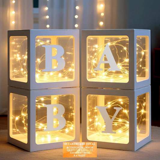 Ledido Baby Boxes with Letters for Baby Shower Decorations, 4 Pcs Transparent Balloon Boxes Blocks with Fairy String Lights, Clear Balloon Boxes for Boy Girl Gender Reveal Party Backdrop (White)