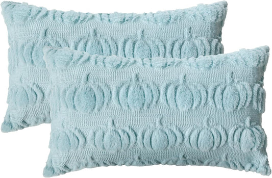 AVOIN colorlife Fall Pumpkin Blue Throw Pillow Covers, 12 x 20 Inch Seasonal Autumn Thanksgiving Harvest Decoration Soft Plush Faux Fur Jacquard Cushion Case Decoration for Sofa Couch Set of 2