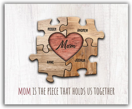 Personal-Prints MOM & Children Personalized HEART Puzzle Wall Art | Unique Customized with up to 8 Names | Mother’s Day, Birthday or Christmas Gift (11"x14" Stretched Canvas, 4 Children)