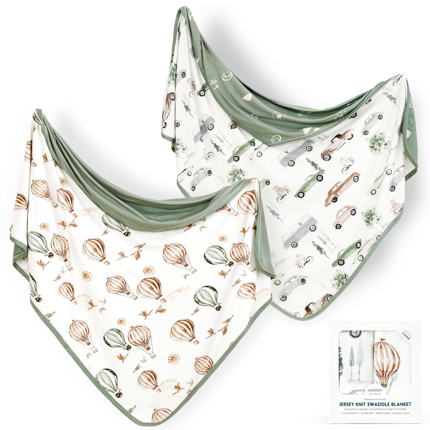 GRSSDER Baby Swaddle Blankets 2 Pack, Super Soft Jersey Knit Reversible Quilt for Baby Girls and Boys, Double Layer Receiving Blankets 34 x 44 Extra Large for Swaddling, Cars & Balloons
