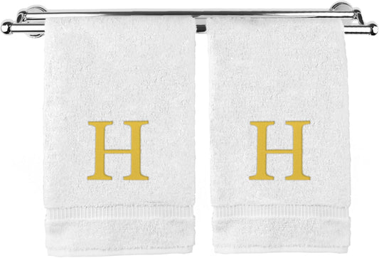 Monogrammed Hand Towel, Personalized Gift, Set of 2- Gold Block Letter Embroidered Towel - Extra Absorbent 100% Turkish Cotton - Soft Terry Finish - Initial H White