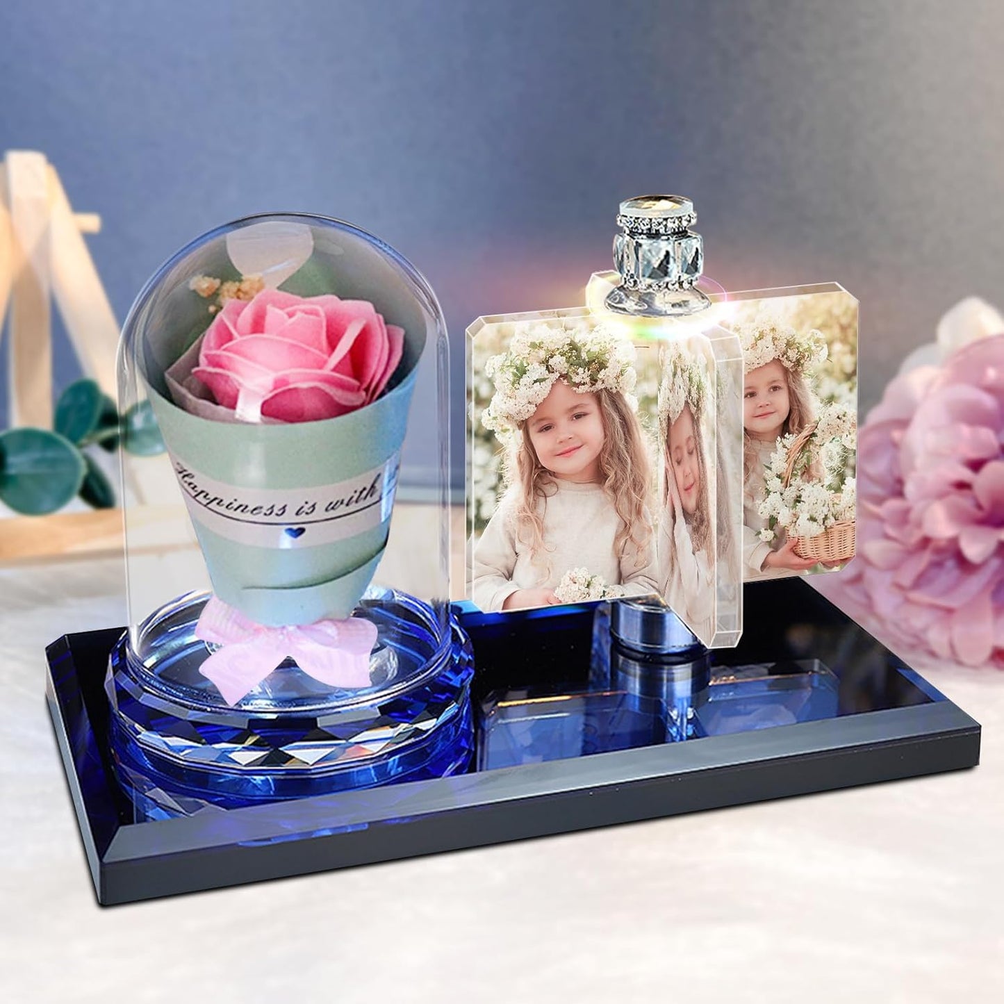 Crystal windmill light photo custom mother's day gift seven-color glowing colorful for mother, Rectangle-rose-Pink