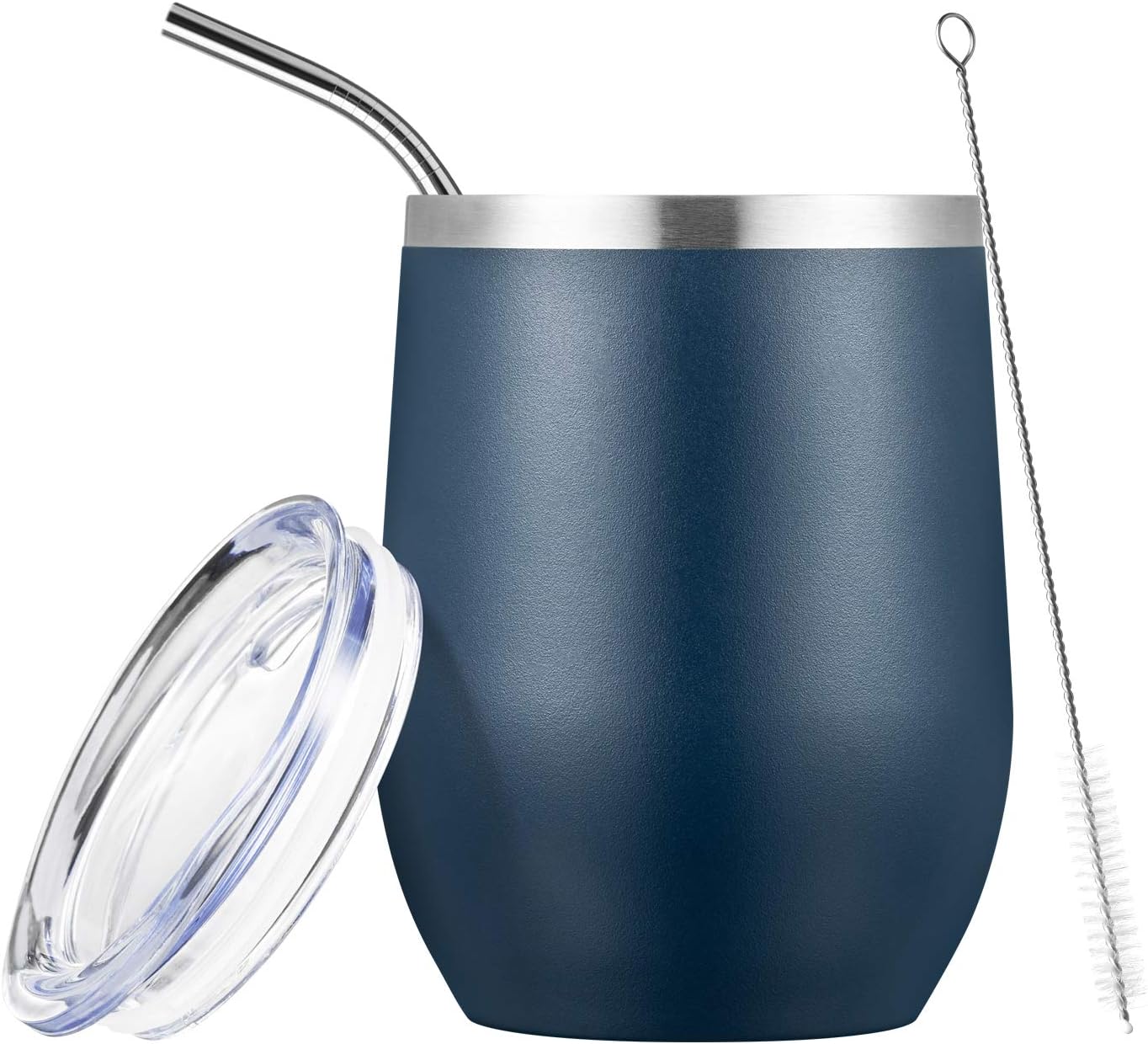 COMOOO Stainless Steel Wine Tumbler with Lid and Straw, 12oz Double Wall Vacuum Insulated Wine Tumbler Cup, Stemless Wine Tumbler for Hot and Cold Drinks, Coffee, Wine, Cocktails, Navy