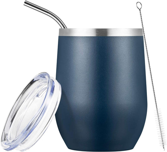 COMOOO Stainless Steel Wine Tumbler with Lid and Straw, 12oz Double Wall Vacuum Insulated Wine Tumbler Cup, Stemless Wine Tumbler for Hot and Cold Drinks, Coffee, Wine, Cocktails, Navy