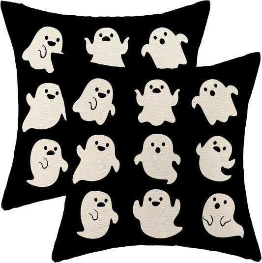 Halloween Pillow Covers 18x18 Pack of 2 Cute Black Beige Ghost Throw Pillow Covers Outdoor Decor,Autumn Holiday Decoration Ghost Pillowcase Linen Decorative Cushion Case for Home Sofa Couch
