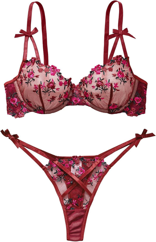 Lilosy Sexy Underwire Cute Push Up Strappy Embroidered Mesh Sheer Lingerie Set See Through Panty Bra