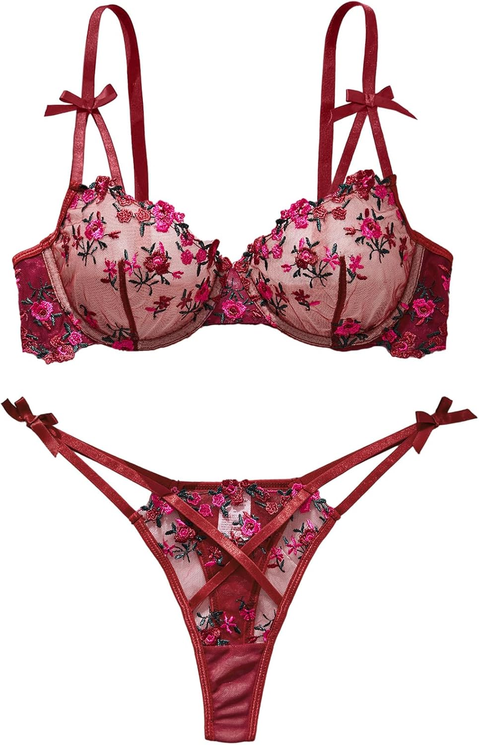 Lilosy Sexy Underwire Cute Push Up Strappy Embroidered Mesh Sheer Lingerie Set See Through Panty Bra