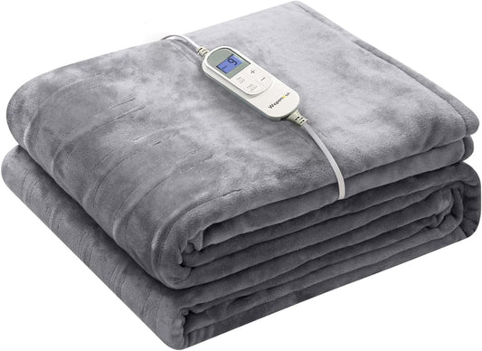 Wapaneus Heated Blanket Electric Throw 62" x 84" Twin Size with 10 Heat Levels and 12 Hours time Settings, Flannel Fast-Heating, ETL Listed, Machine Washable,Light Grey