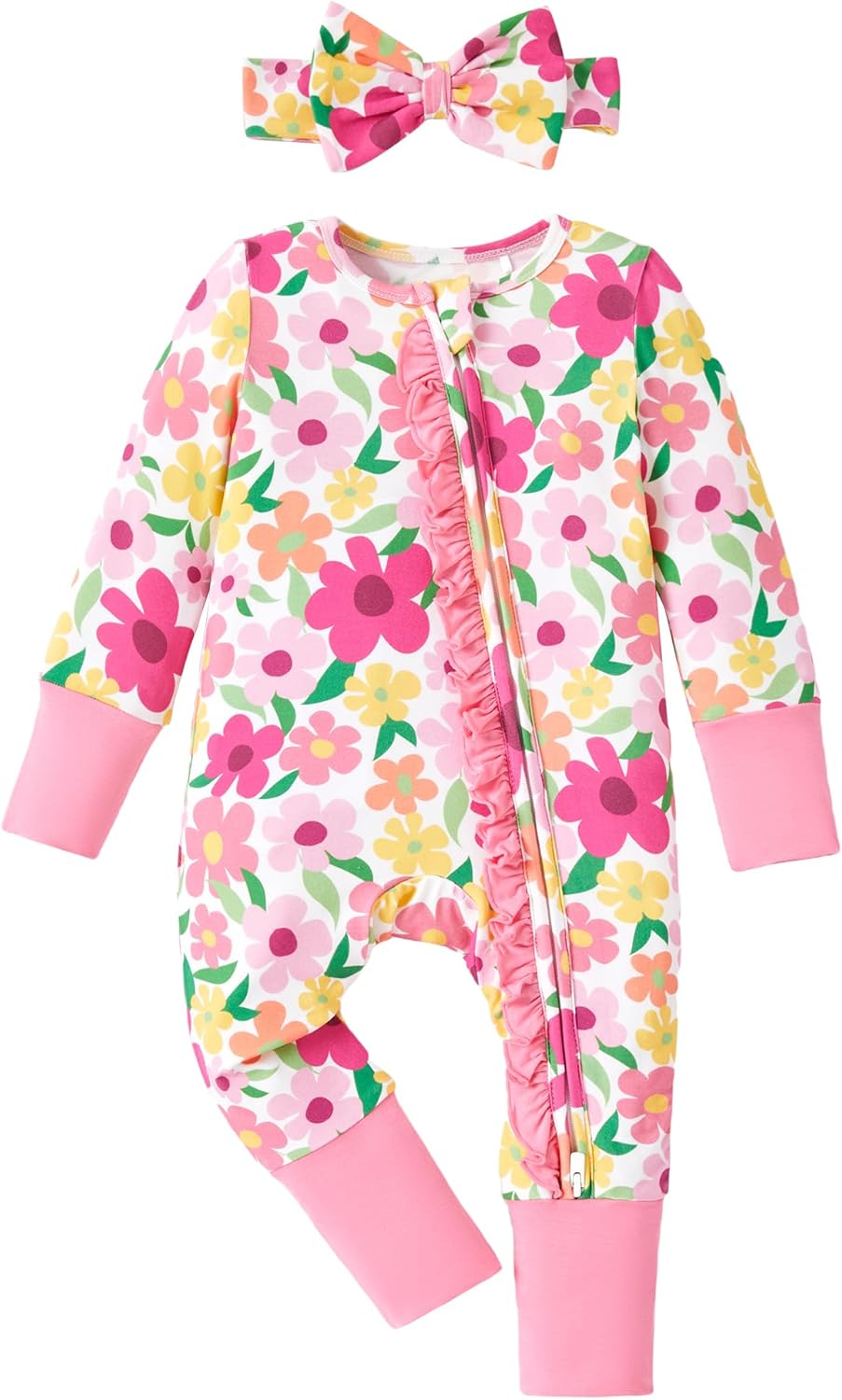 PATPAT Baby Footie Girls - Supersoft Bamboo Viscose - Unisex Infant Clothes - 2 Way Zipper & Mitten & Ruffle Trim & Headband