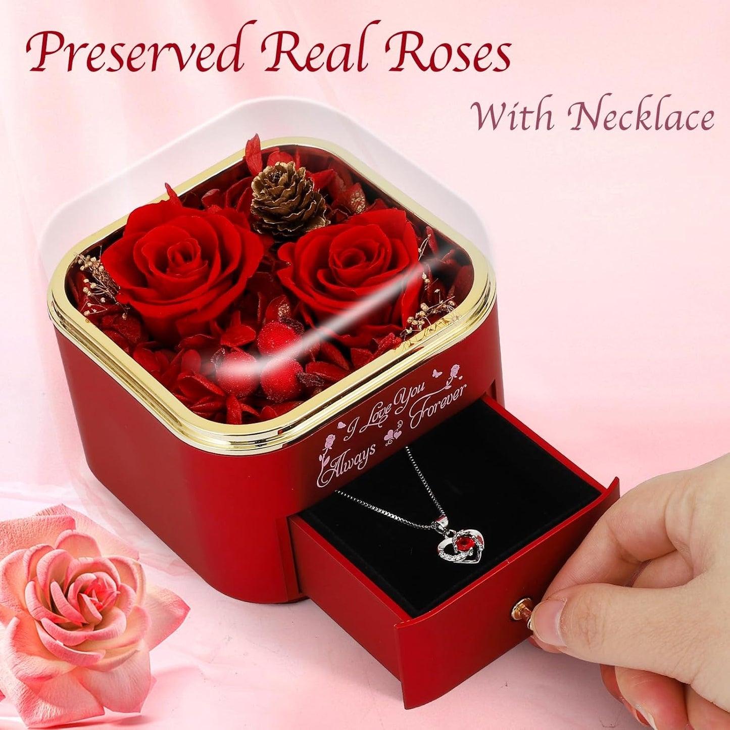 Preserved Roses Jewelry Box with Heart Necklace - Eternal Rose & ‘I Love You Always & Forever’ Engraving - Luxury Gift for Mom, Wife, or Grandma on Mother’s Day