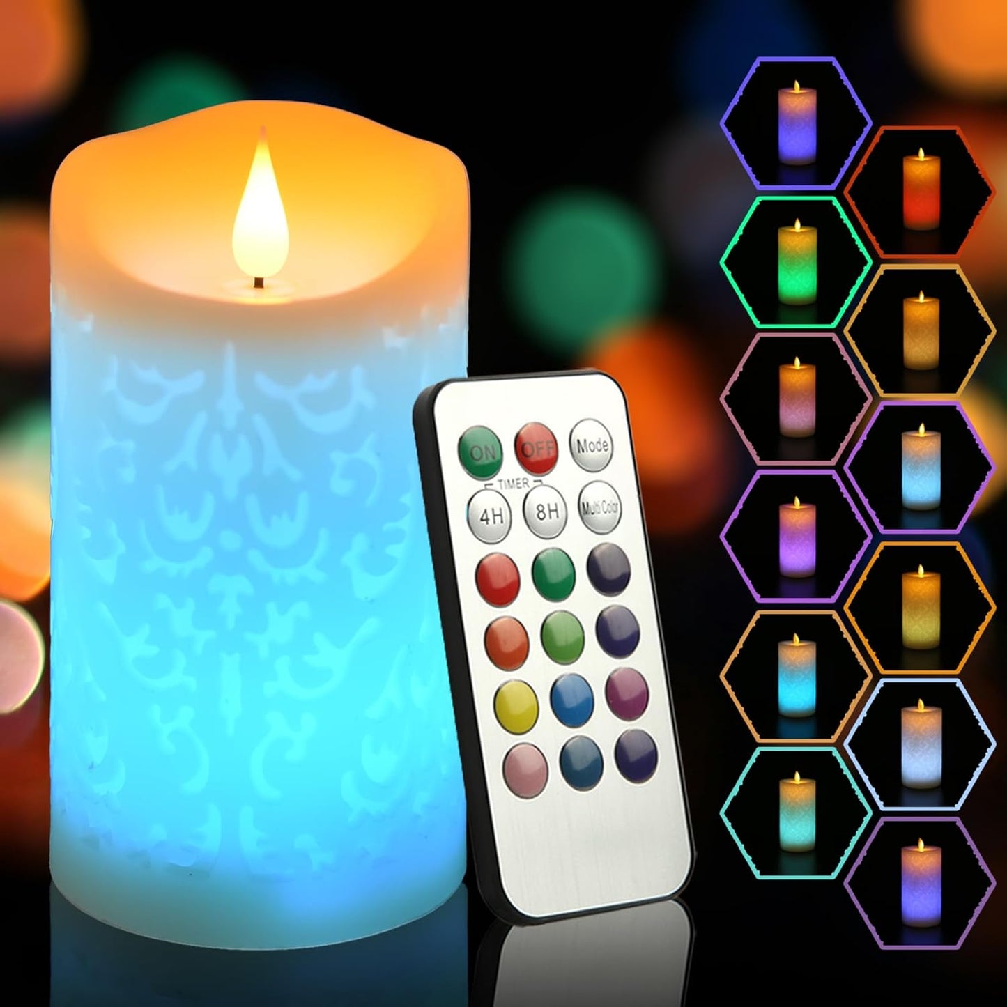 NICEME 6" LED Multi Colored Flameless Candle with Remote Control Timer Realistic Wax Color Changing Candle Battery Operated Candle with Flickering Flame