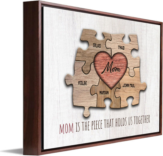 Personal-Prints MOM & Children Personalized HEART Puzzle Wall Art | Unique Customized with up to 8 Names | Mother’s Day, Birthday or Christmas Gift (20"x25" Float Framed Canvas, 5 Children)