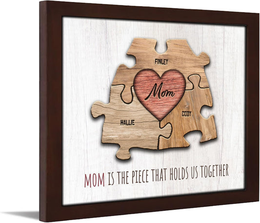 Personal-Prints MOM & Children Personalized HEART Puzzle Wall Art | Unique Customized with up to 8 Names | Mother’s Day, Birthday or Christmas Gift (13"x16" Framed Paper Print, 3 Children)