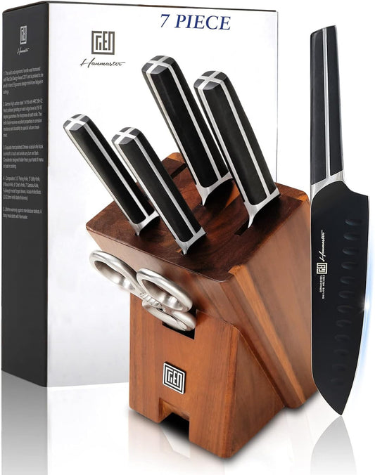 Kitchen Knife Set, 7 Pieces German Stainless Steel Knives Set for Kitchen with Acacia Wood Block, Kitchen Scissors, Box Packed, Elegant Black